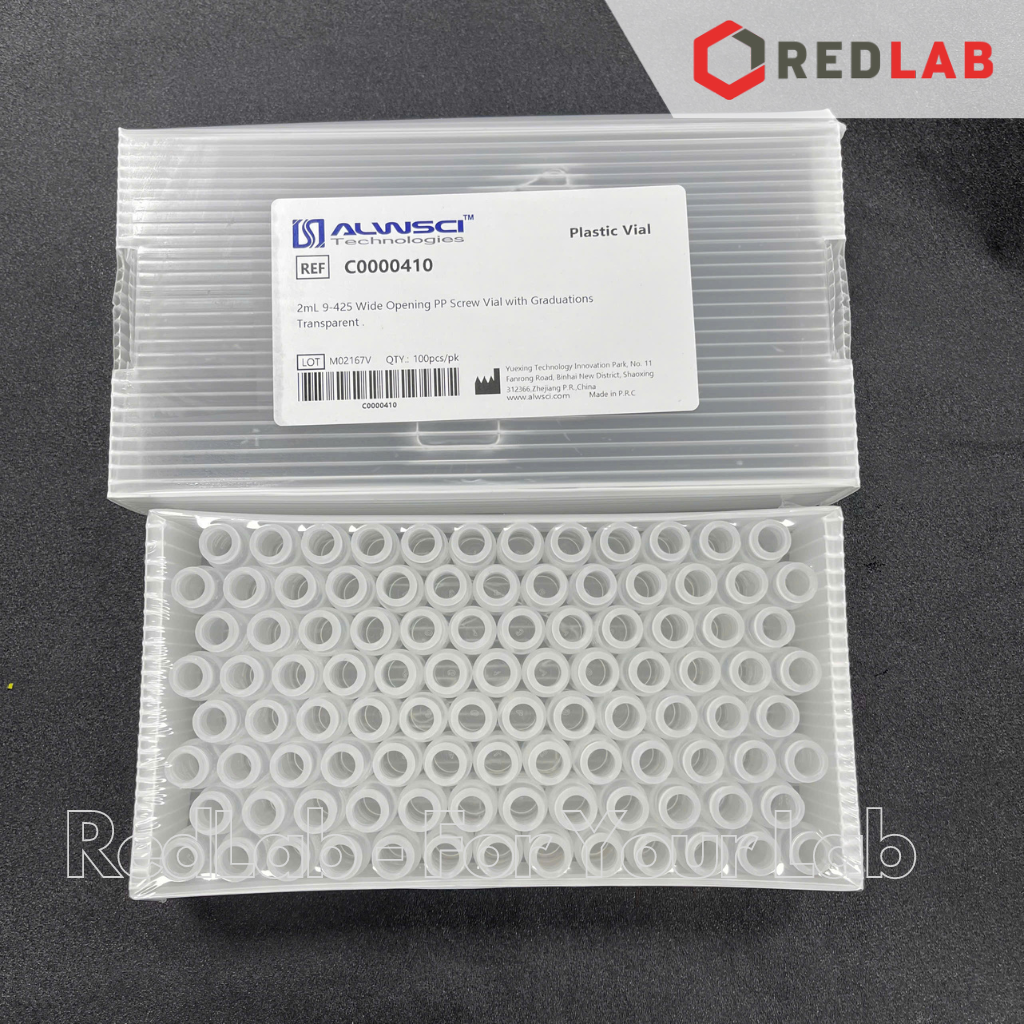 [Hộp 100 cái] Chai vial nhựa PP trắng 2ml 9-425 ALWSCI C0000410 có vạch, ren vặn, cho sắc ký HPLC (chưa gồm nắp) có VAT