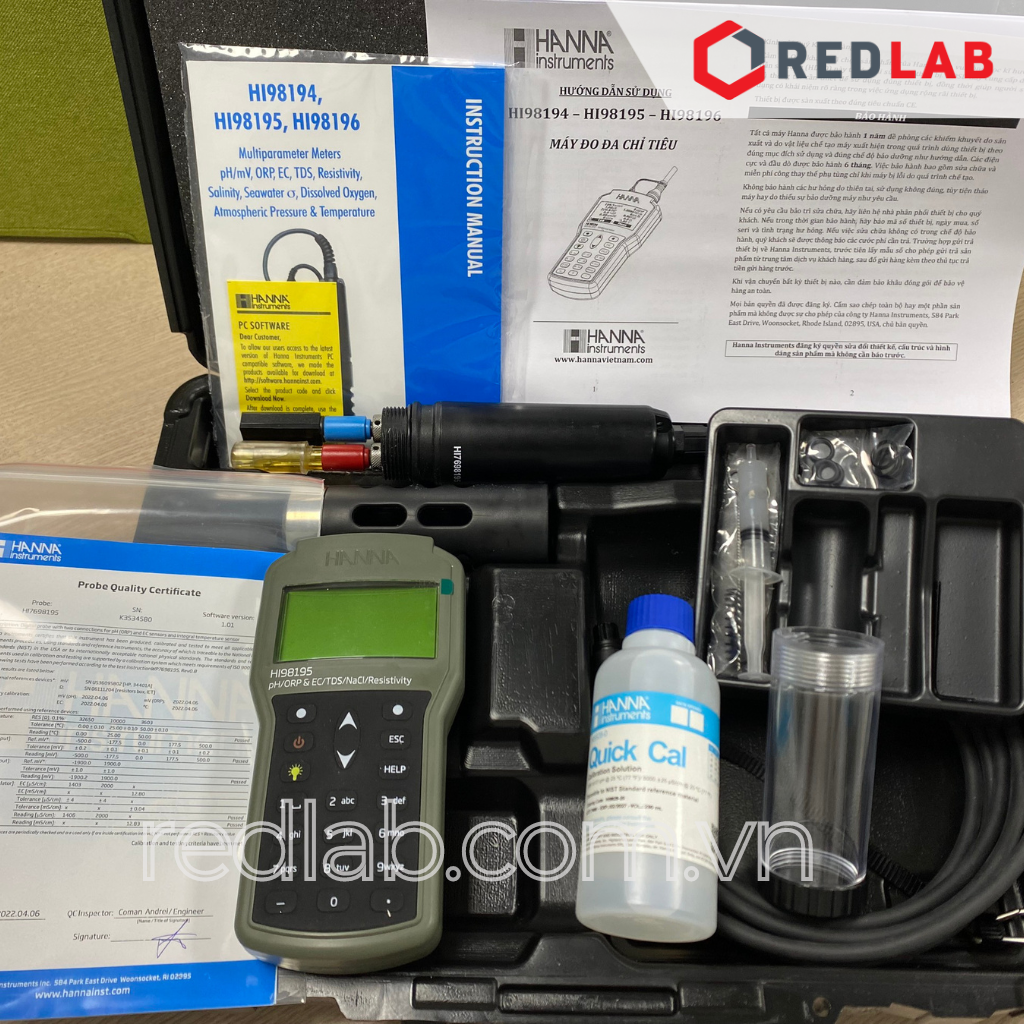 Máy đo TDS/Độ Mặn/Trở Kháng/Áp Suất/Nhiệt Độ/pH/ORP/EC Hanna HI98195, giá tốt, có VAT