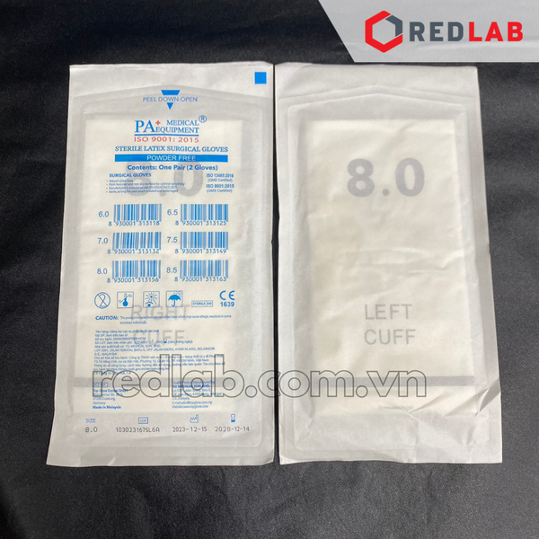 [Hộp 50 đôi] Găng tay cao su latex tiệt trùng có bột PA Gloves (Malaysia) size 6.5 7.0 7.5 8.0  dùng trong thí nghiệm, có VAT