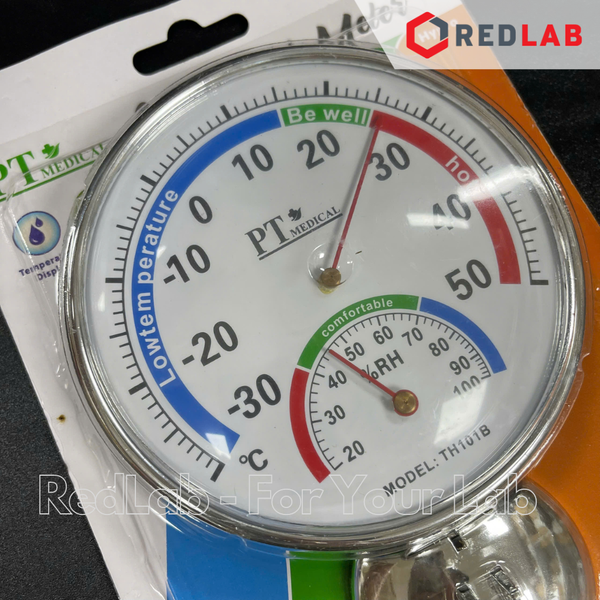 Nhiệt ẩm kế cơ học treo tường PT Medical Ø 7.5 13 cm, vành nhựa, đo từ -30 to +50°C, 20 to 100% RH, có VAT