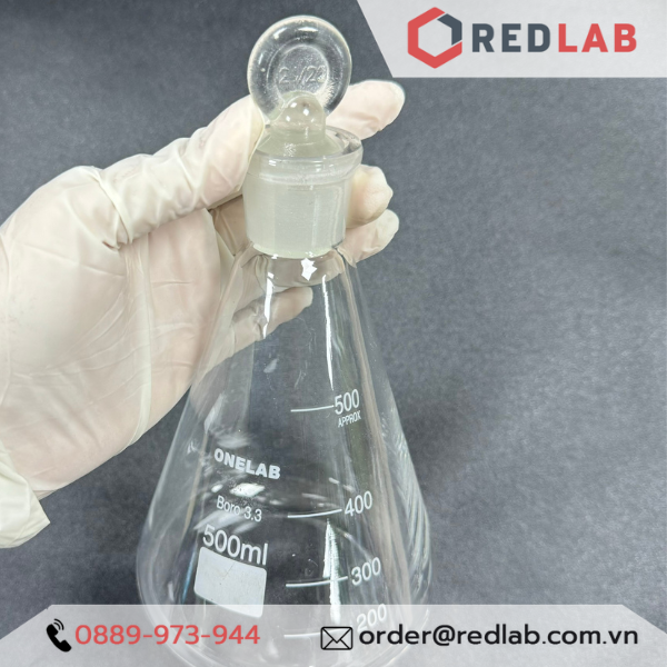 Bình tam giác có nút ONELAB 50 100 250 500 1000ml, erlen cổ nhám, nắp mài thuỷ tinh, đựng mẫu thí nghiệm, có VAT