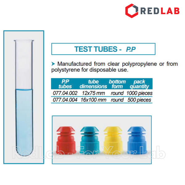 Ống nghiệm nhựa PP có nút ISOLAB 12x75mm, 16x100mm đáy tròn, có VAT