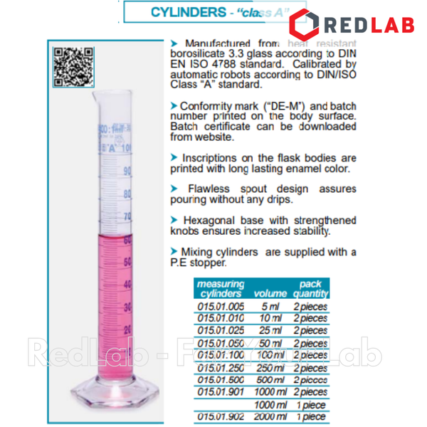 Ống đong thủy tinh vạch xanh ISOLAB Class A 5 10 25 50 100 250 500 1000 2000 ml, cylinder boro 3.3, có VAT