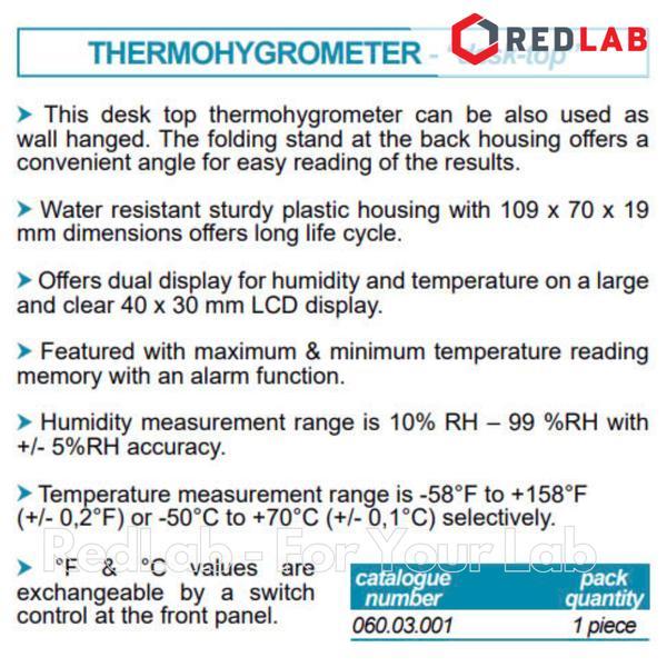 Nhiệt ẩm kế điện tử ISOLAB 060.03.001 đo từ - 50°C đến +70°C, 10% RH đến 99% RH, có VAT