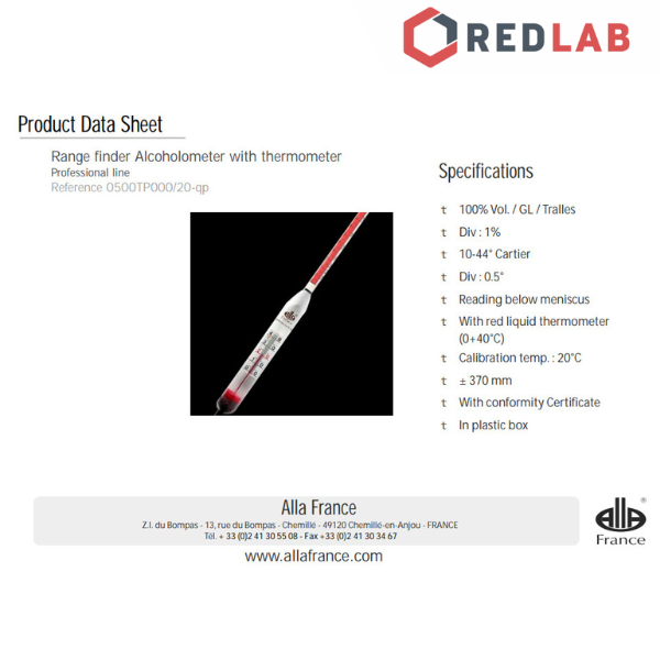 Cồn kế có nhiệt kế 0-100 : 1% Tp 20ºC, 0-40°C : 1°C ALLA 0500TP000/20-QP alcoholometer with thermometer, có VAT
