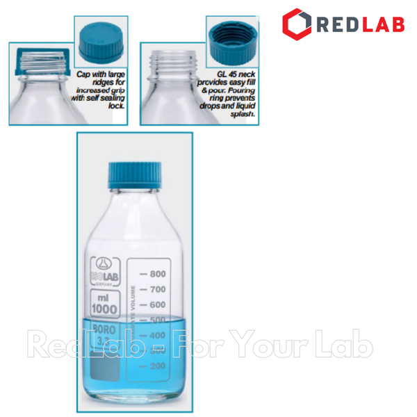 Chai trung tính trắng ISOLAB 100 250 500 1000 ml 2 3 5 10 L nắp vặn PP xanh GL45, thủy tinh borosilicate, có VAT