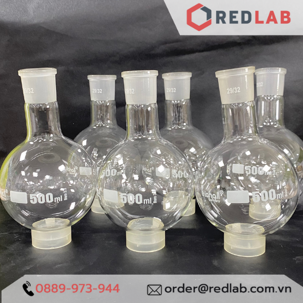 Bình cầu đáy tròn 1 cổ nhám BIOHALL 25 50 100 250 500 ml 1L 2L 3L 5L 10L 20L - 14/23 19/26 24/29 29/32 34/35 45/40 55/44, mark trắng, có VAT