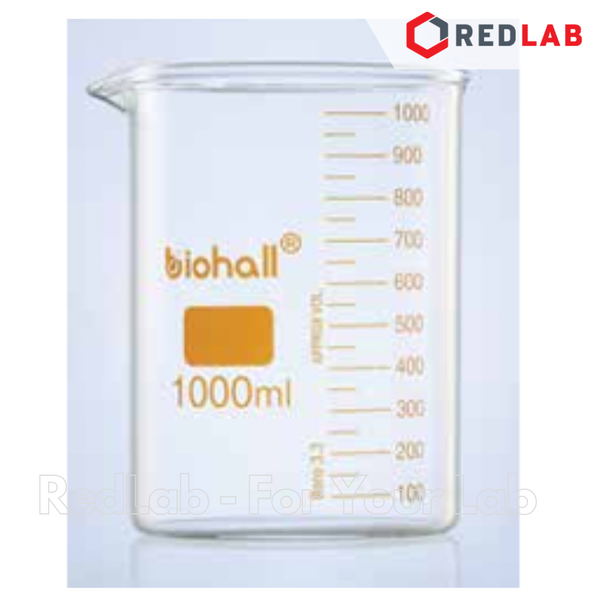Cốc đốt thuỷ tinh Thấp thành BIOHALL 5 10 25 50 100 150 200 250 400 500 600 800 1000 ml 2L 3L 5L 10L, beaker có mỏ chịu nhiệt, có VAT