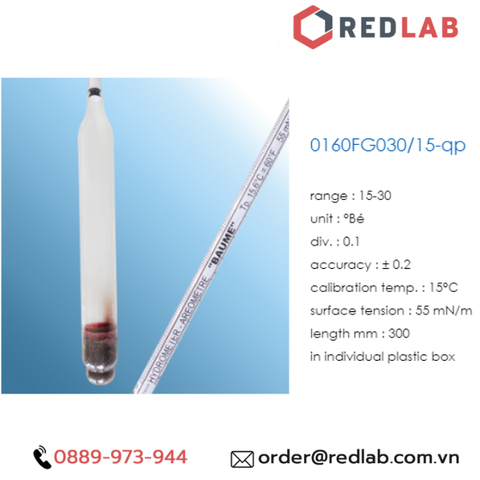 Baume kế 15-30 : 0.1°Bé Tp 15°C hãng Alla - Pháp code 0160FG030/15-qp - Redlab