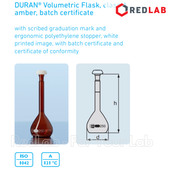 Bình định mức Nâu DURAN Class A 50 100 200 250 500 1000 2000 ml, nút nhựa, Amber Volumetric flask, có VAT