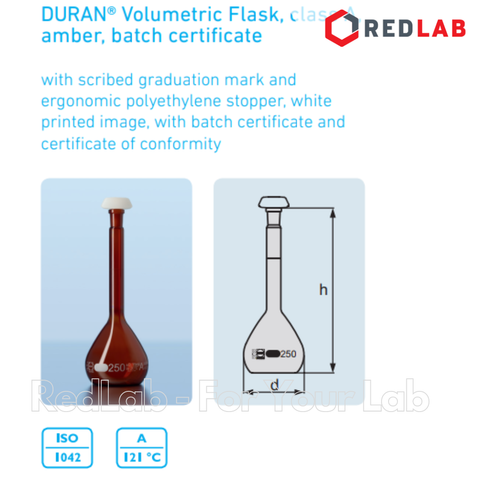 Bình định mức Nâu DURAN Class A 50 100 200 250 500 1000 2000 ml, nút nhựa, Amber Volumetric flask, có VAT