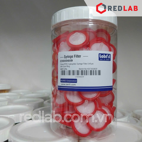[Hộp 100 cái] Đầu lọc PTFE ưa nước hydrophilic Syringe filter Labfill ALWSCI 13mm / 25mm, lỗ lọc 0.22um / 0 45um, dùng cho sắc ký HPLC, có VAT