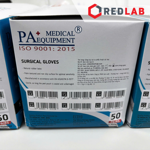 [Hộp 50 đôi] Găng tay cao su latex tiệt trùng có bột PA Gloves (Malaysia) size 6.5 7.0 7.5 8.0  dùng trong thí nghiệm, có VAT
