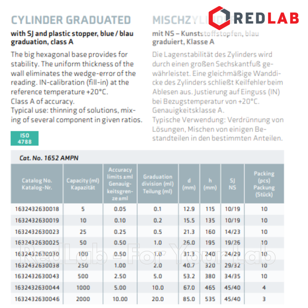 Ống đong thủy tinh nút nhựa SIMAX Class A 100 250 500 1000 ml - 24/29 29/32 34/35 45/40 đế lục giác, vạch xanh, có VAT