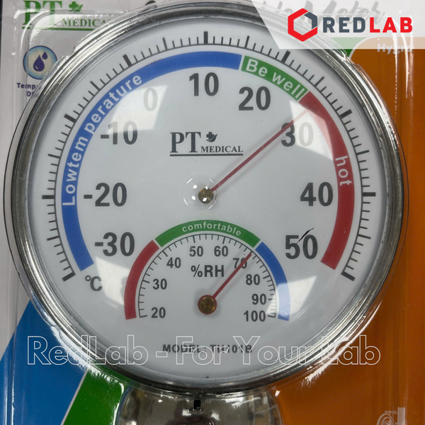 Nhiệt ẩm kế cơ học treo tường PT Medical Ø 7.5 13 cm, vành nhựa, đo từ -30 to +50°C, 20 to 100% RH, có VAT