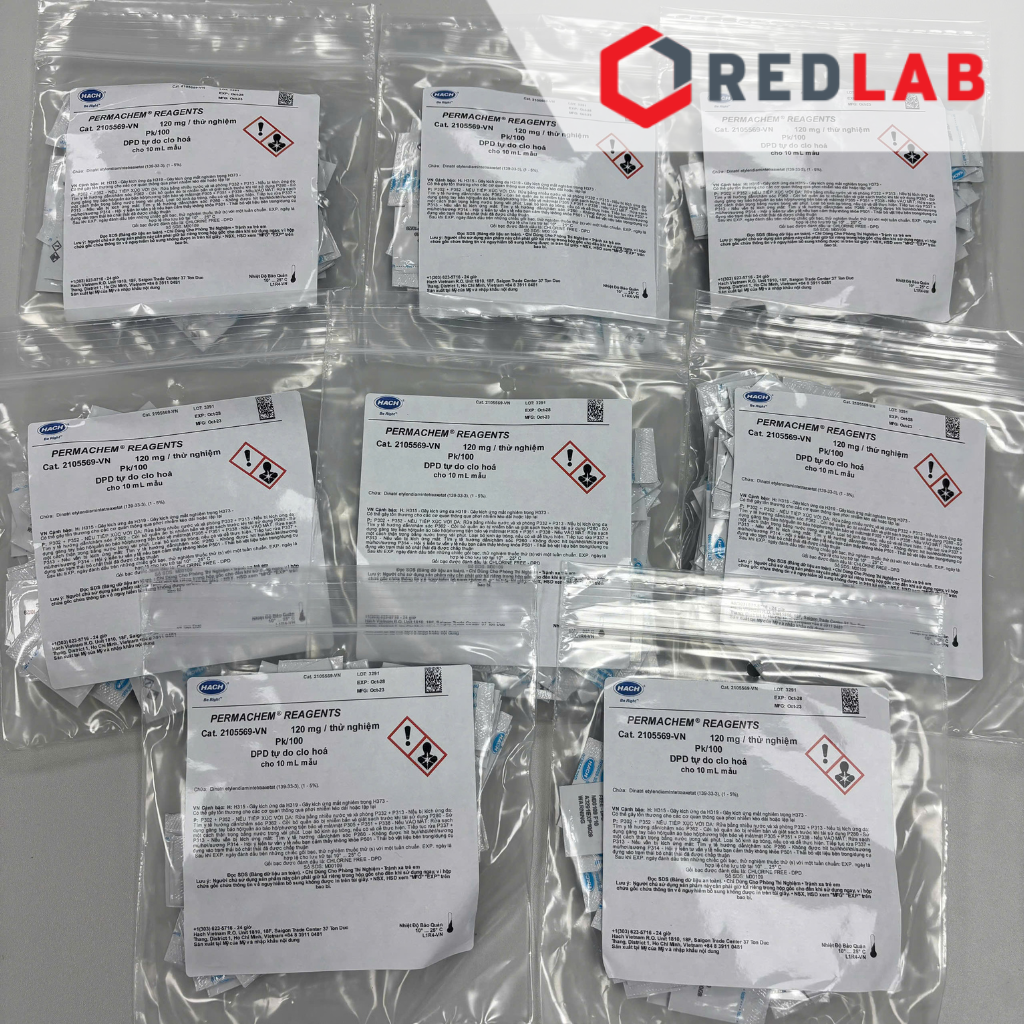 Gói thử Clo dư 120mg cho 10ml mẫu HACH 2105569 DPD free Chlorine reagent powder, gói 100 lần test, có VAT