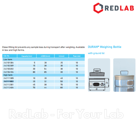 Chén cân thủy tinh cao thành DURAN Class A 28x40 32x50 38x70 44x80 mm - 10 20 45 70 ml, Weighing Bottle, có VAT
