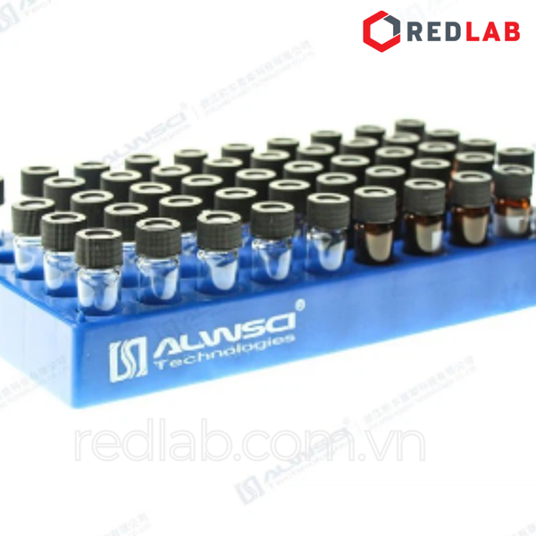 Giá đỡ 50 vị trí cho chai vial 2ml HPLC, ALWSCI C0000094 / C0001265 nhựa PP xanh, 10x19cm, lỗ 12mm sâu 16mm, có VAT