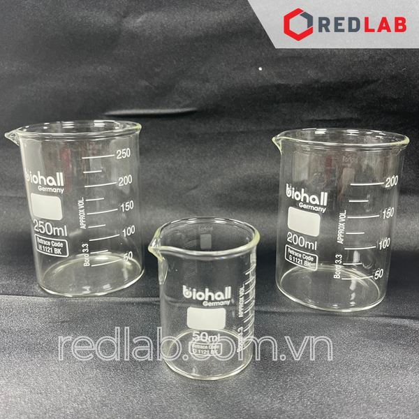 Cốc đốt thuỷ tinh Thấp thành BIOHALL 5 10 25 50 100 150 200 250 400 500 600 800 1000 ml 2L 3L 5L 10L, beaker có mỏ chịu nhiệt, có VAT