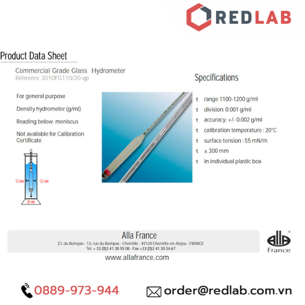 Tỷ trọng kế 1.100-1.200 : 0.001 g/ml Tp 20°C ALLA 3010FG110/20-QP hydrometer, có VAT