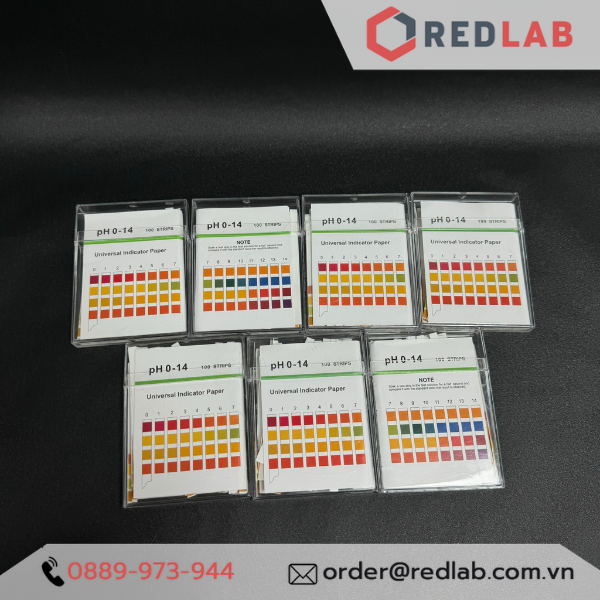 Que thử pH 0 - 14 indicator strips, chính xác cao với bảng 4 màu chuẩn cho từng độ pH, hộp 100 que test, có VAT