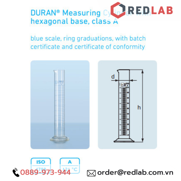 Ống đong thủy tinh DURAN Class A 10 25 50 100 250 500 1000 2000 ml, đế lục giác, vạch xanh, Measuring Cylinder, có VAT