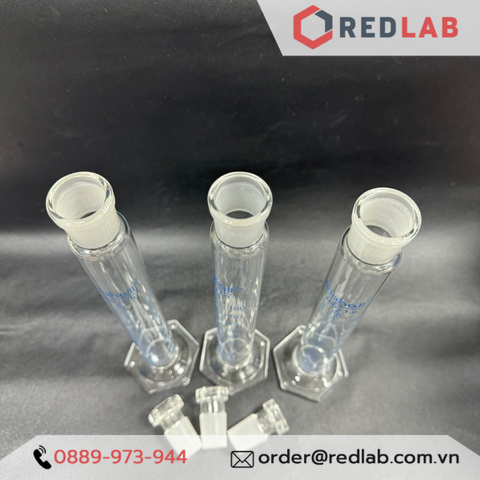 Ống đong thuỷ tinh có nút (nắp đậy nhám) hãng BIOHALL, đế lục giác, vạch sơn xanh - Redlab