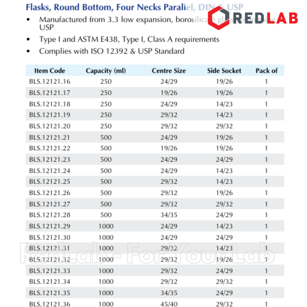 Bình cầu đáy tròn 4 cổ nhám BIOHALL 250 500 1000 ml 2L 5L 10L 20L - 19/26 24/29 29/32 34/35 45/40 55/44, có VAT