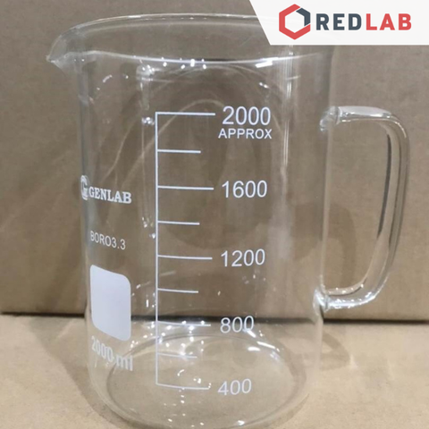Cốc thuỷ tinh có tay cầm (size lớn) GENLAB 500 1000 2000 ml, cốc đốt có quai có mỏ chia vạch trắng, có VAT - REDLAB