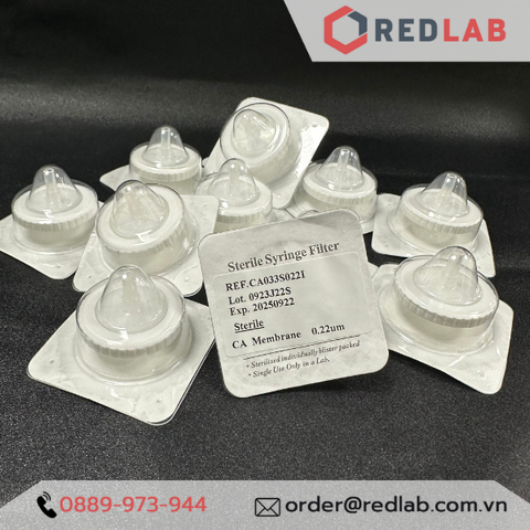 Đầu lọc Syringe CA tiệt trùng, đường kính 33mm, lỗ lọc 0.22µm và 0.45µm-'Redlab'
