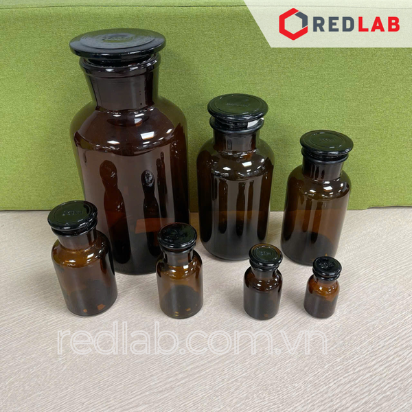 Chai nâu nút mài 30 60 125 250 500 1000 2500 ml 5L 10L miệng rộng MR / miệng hẹp MH, chai thuỷ tinh nâu nắp mài nhám dùng đựng mẫu thí nghiệm, có VAT