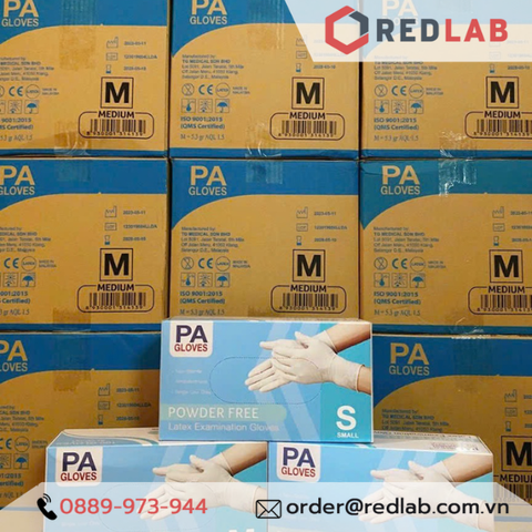 Găng tay cao su latex có bột và không bột PA Gloves (Malaysia), dùng cho phòng thí nghiệm, y tế (hộp 50 đôi)-Redlab