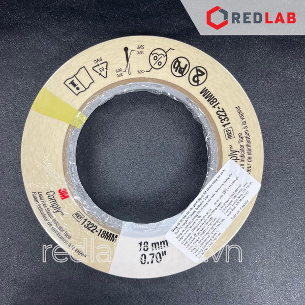 Băng keo nhiệt 3M 1322 cuộn 55 mét, khổ 12mm, 18mm, 24mm x 55m (giấy chỉ thị tiếp xúc cho tiệt trùng bằng hơi nước) có VAT