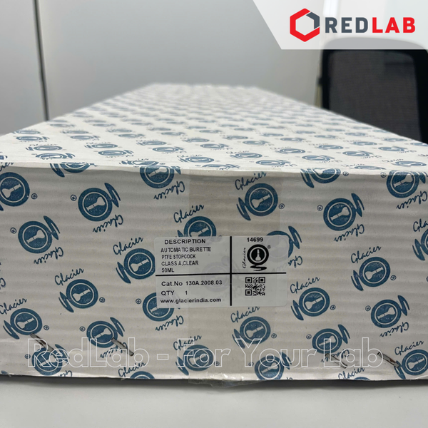 Buret tự động trắng GLACIER khóa PTFE 50ml, bộ gồm buret, bình chứa, quả bóp, có VAT