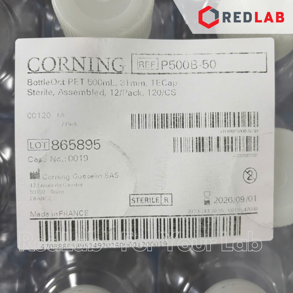 Chai nhựa PET trong suốt dạng vuông Corning / Gosselin P500B-50 500ml, chia vạch, tiệt trùng gói 12 cái, có VAT