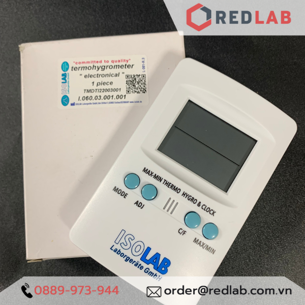 Nhiệt ẩm kế điện tử ISOLAB 060.03.001 đo từ - 50°C đến +70°C, 10% RH đến 99% RH, có VAT