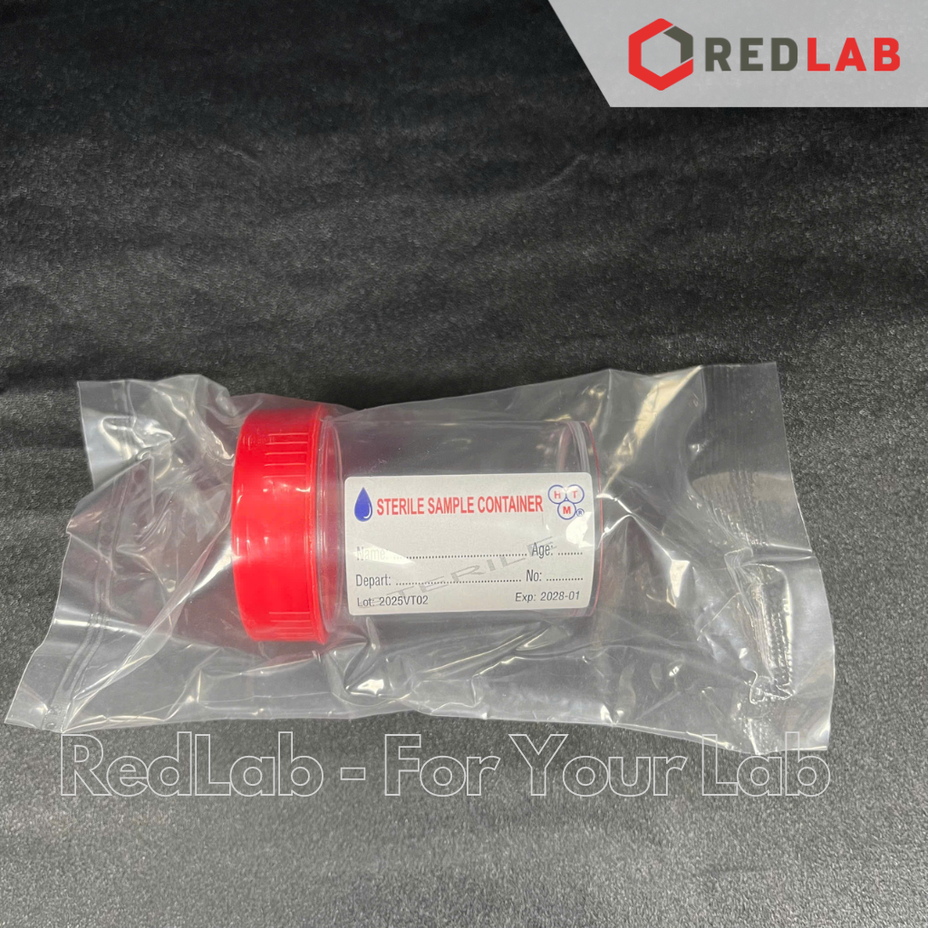 [Gói 100 cái] Lọ đựng mẫu nhựa PS 55ml Hồng Thiện Mỹ nắp vặn đỏ, có nhãn, dùng trong lab thí nghiệm, có VAT