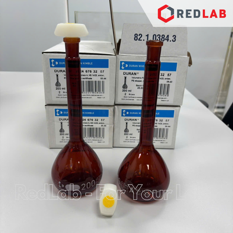 Bình định mức Nâu DURAN Class A 50 100 200 250 500 1000 2000 ml, nút nhựa, Amber Volumetric flask, có VAT