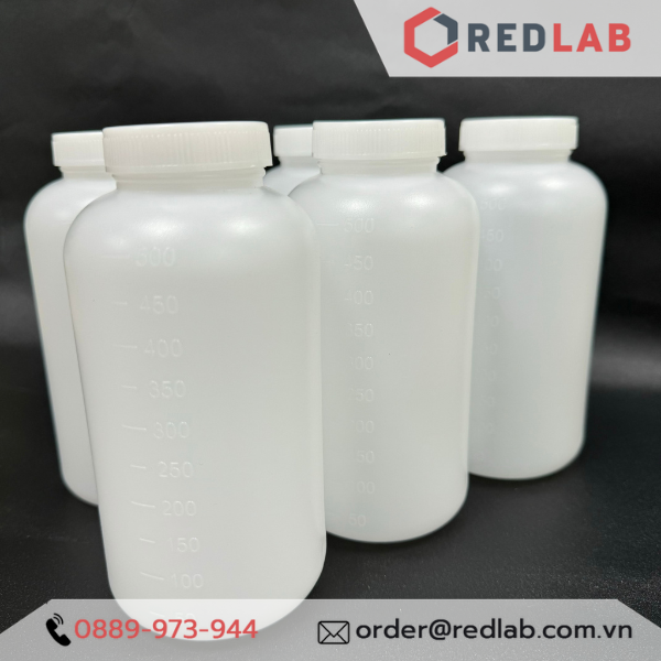 Chai nhựa PP trắng Việt Nam 500ml chia vạch nổi trắng, miệng rộng có nắp vặn và nắp đệm, có VAT