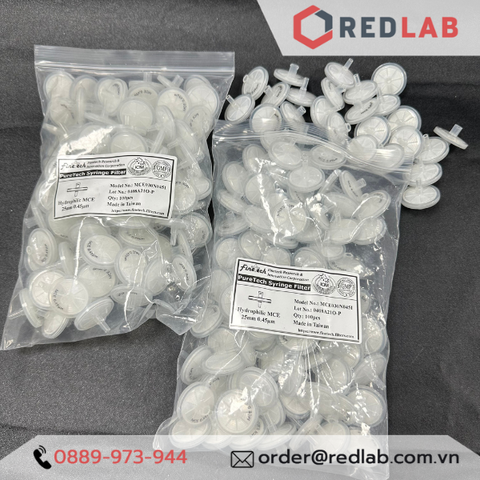 Đầu lọc Syringe MCE, đường kính 25mm, lỗ lọc 0.22µm và 0.45µm-'REDLAB'