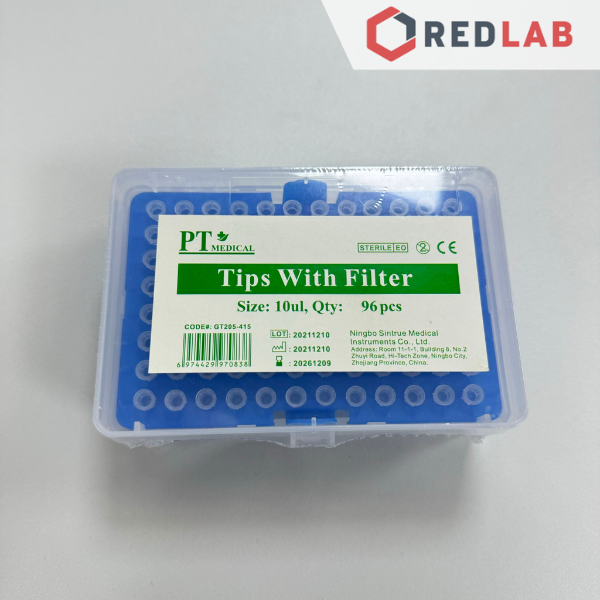 (Giá tốt) Hộp microtips (đầu típ col) cho micropipet 10µl hãng PT, gồm giá đựng (tiệt trùng hộp 96 cái), có VAT