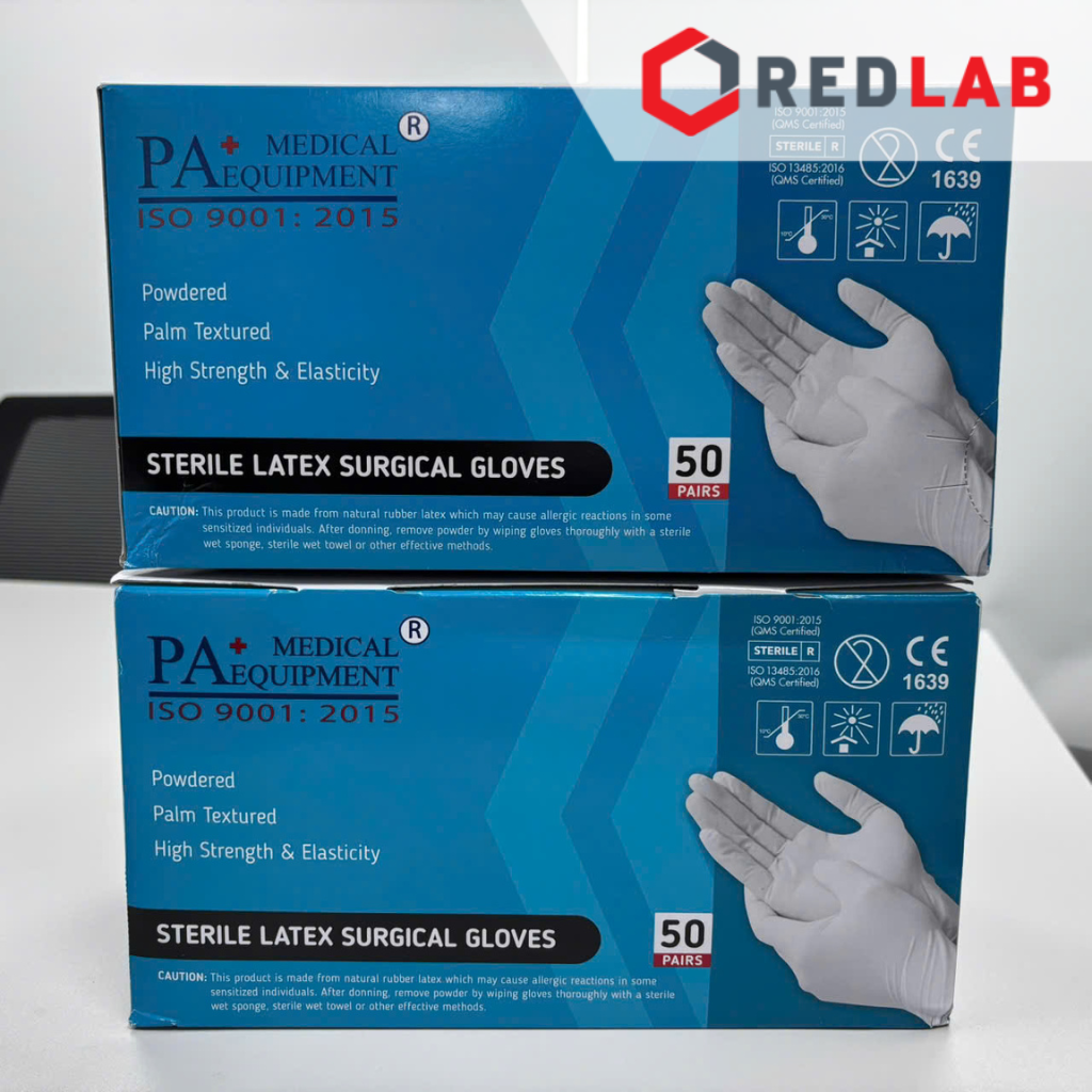 [Hộp 50 đôi] Găng tay cao su latex tiệt trùng có bột PA Gloves (Malaysia) size S M L dùng trong thí nghiệm, có VAT