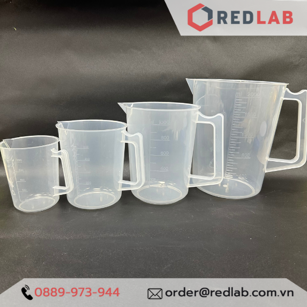 Ca nhựa PP có quai vạch nổi trắng ONELAB 100 250 500 1000 2000 3000 5000 ml, cốc đong thí nghiệm, chịu nhiệt, có VAT