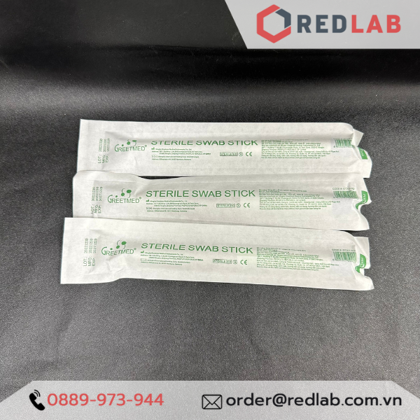 Que gòn lấy mẫu thí nghiệm GREETMED 16cm cán gỗ, tiệt trùng từng ống nhựa, đóng vỉ giấy, disposable swab test, có VAT