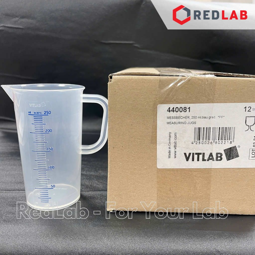 Cốc nhựa PP có quai, vạch nổi sơn xanh VITLAB 100 250 500 1000 ml, có VAT
