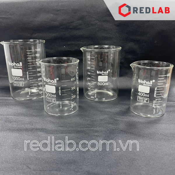 Cốc đốt thuỷ tinh Thấp thành BIOHALL 5 10 25 50 100 150 200 250 400 500 600 800 1000 ml 2L 3L 5L 10L, beaker có mỏ chịu nhiệt, có VAT