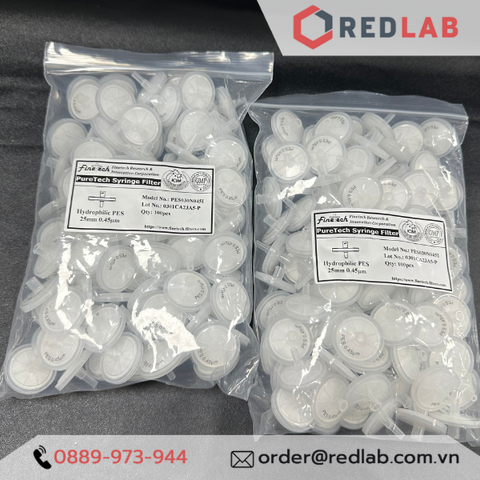 Đầu lọc Syringe PES đường kính 25mm, lỗ lọc 0.22µm và 0.45µm không tiệt trùng Finetech 'Redlab'