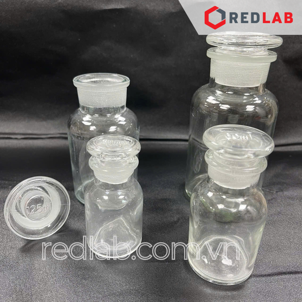 Chai trắng nút mài ONELAB 30 60 125 250 500 1000 2500 ml miệng rộng / miệng hẹp, chai thuỷ tinh nắp mài nhám, có VAT