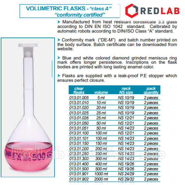 Bình định mức trắng ISOLAB Class A 5 10 20 25 50 100 200 250 500 1000 2000 5000 ml nút nhựa, có VAT