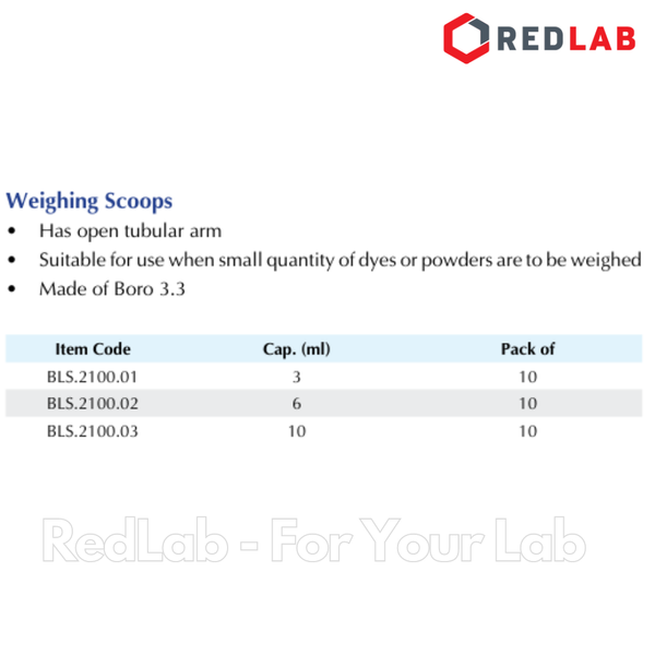 Thìa cân thủy tinh BIOHALL 3 6 10 ml (weighing scoops with open tubular arm) thủy tinh boro 3.3, có VAT